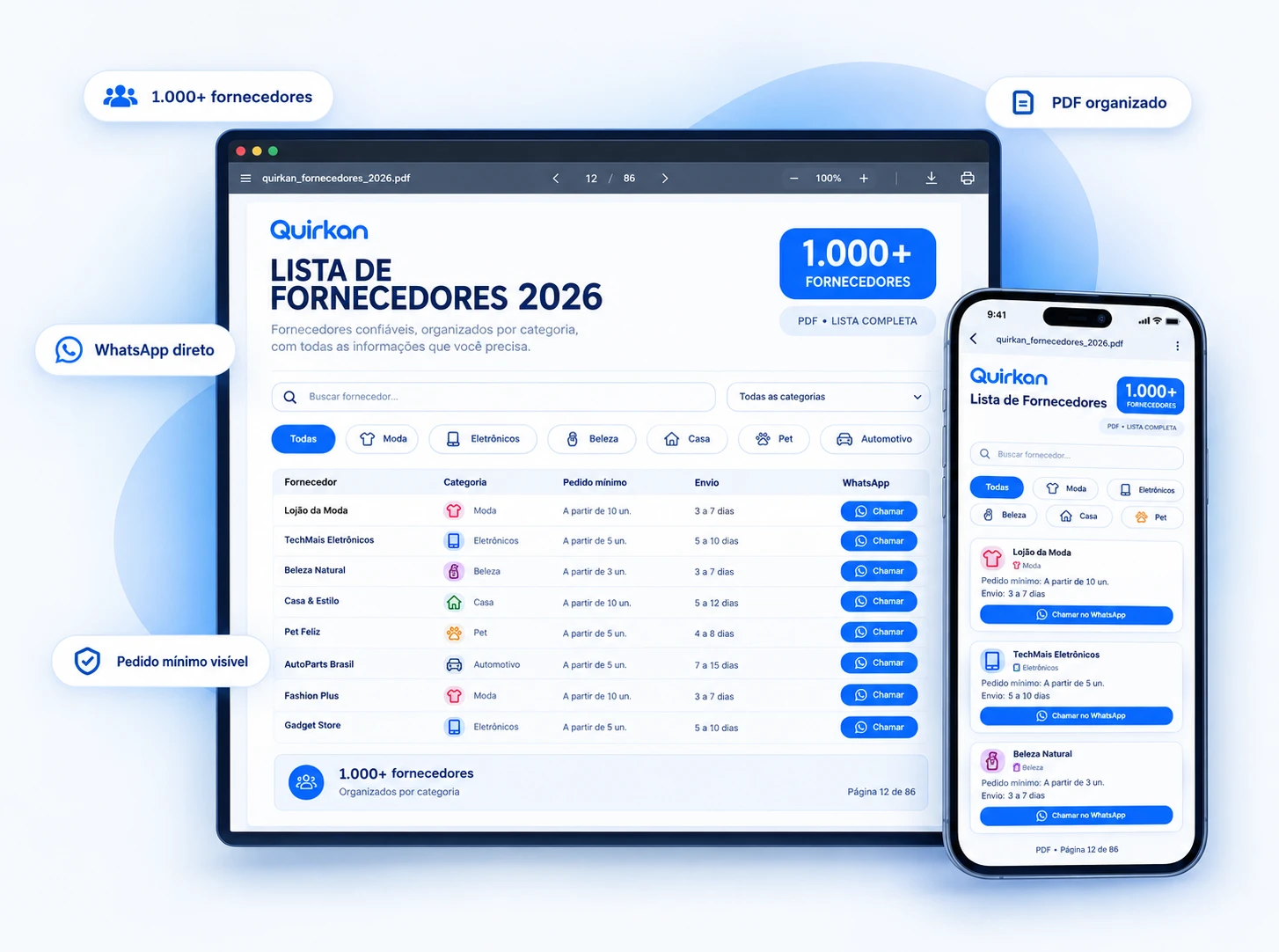 Base de fornecedores Quirkan aberta no computador e no celular, mostrando mais de 1.000 fornecedores, pedido mínimo, envio e contato via WhatsApp